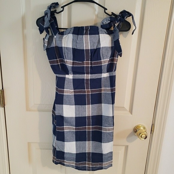 NWT Lumiere Blue Brown & White Plaid Mini Dress Size S - Picture 1 of 10